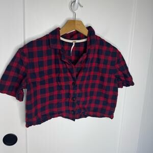 Free People Button Up Red Plaid Print Cropped Short Sleeve Blouse Size Small